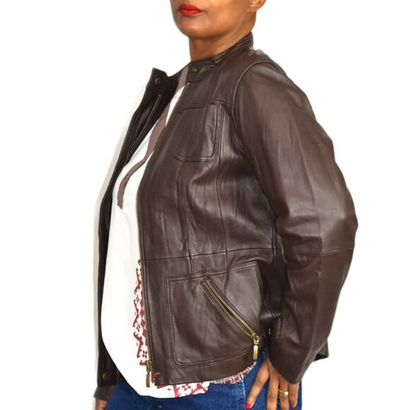 Chicos Leather Jacket Brown Cafe Racer Biker Pockets Zippered Size Small Davita - Picture 6 of 15